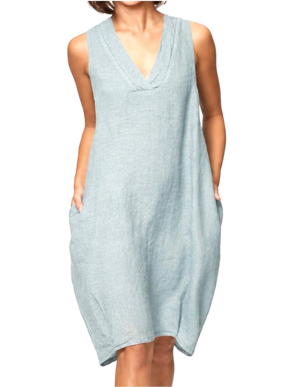 Inizio Fiji Linen Bubble Dress Light Blue Pockets Knee Length Made Italy Medium